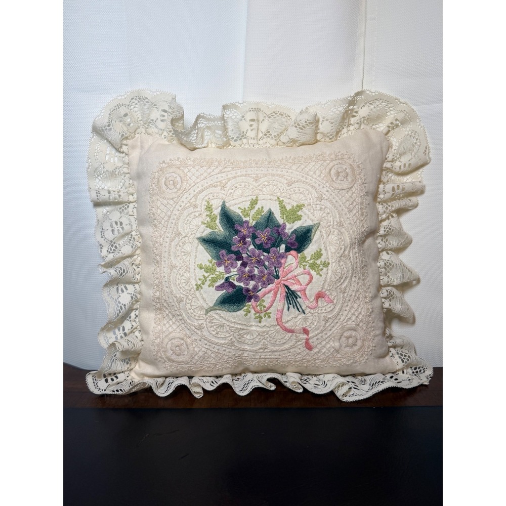 Vintage Embroidered Violet Bouquet Lace Ruffle Throw Pillow Cottage Shabby Chic